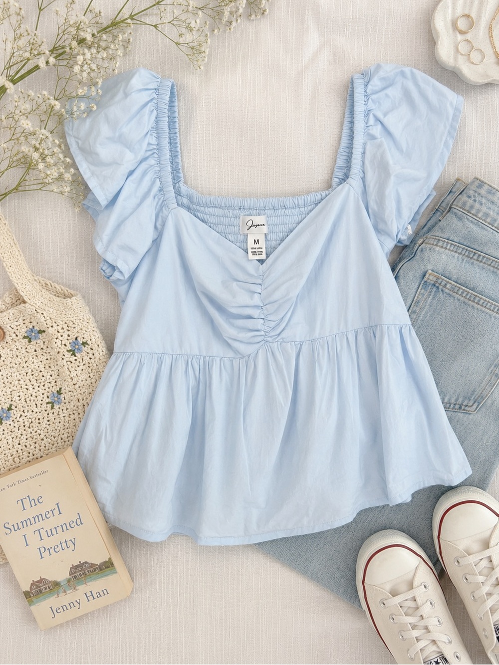 Japna Light Blue Babydoll Top Puff Sleeve Ruched Peplum Size Medium